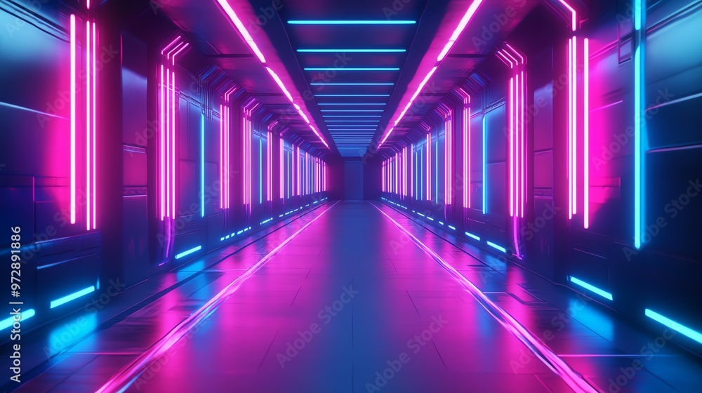 A futuristic, brightly lit corridor with pink and blue neon lights. A futuristic, brightly lit corridor with pink and blue neon lights.