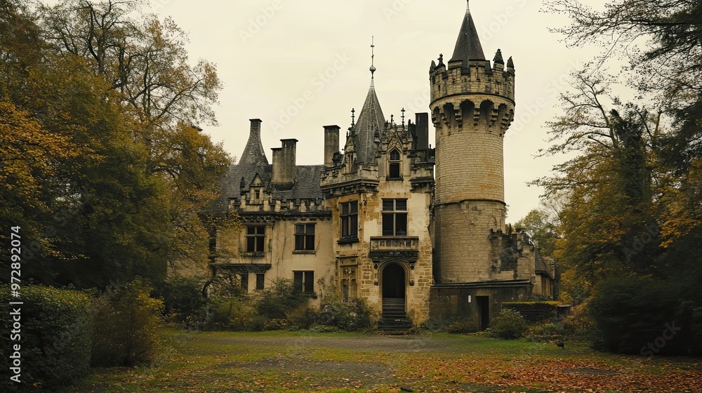 An Ancient Stone Castle Surrounded by Autumn Trees An Ancient Stone Castle Surrounded by Autumn Trees