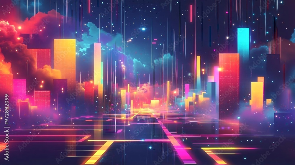 Neon Cityscape with Colorful Lights and Glowing Towers Neon Cityscape with Colorful Lights and Glowing Towers