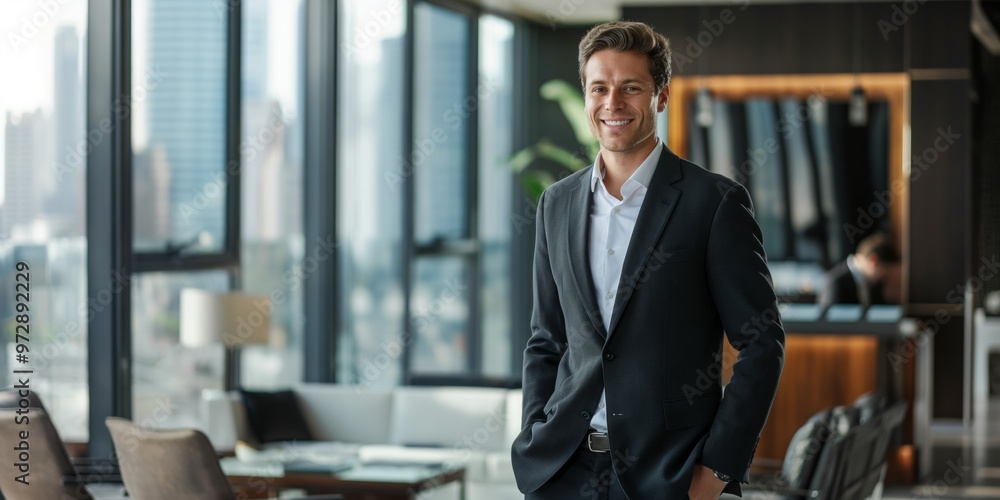Fototapeta premium A cheerful businessman in a suit standing confidently in a modern office, exuding elegance and professionalism.