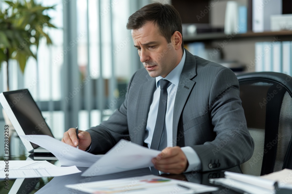 A professional accountant working on paperwork at a desk, exuding career success. A professional accountant working on paperwork at a desk, exuding career success.