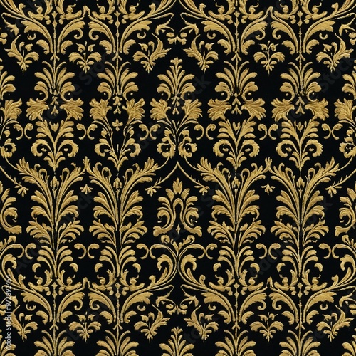 A luxurious black and gold floral patterned wallpaper for interior design or fashion design purposes