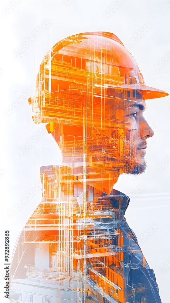 An engineer wearing a helmet standing in front of a construction site with a double exposure effect, in a silhouette collage style An engineer wearing a helmet standing in front of a construction site with a double exposure effect, in a silhouette collage style