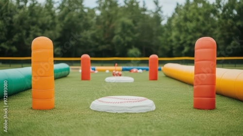 A baseball-themed obstacle course at a festival with bases, bats, and balls, obstacle course, bases, festival photo