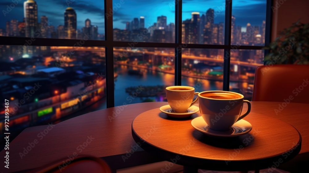 Two Cups of Coffee with a Stunning City View Two Cups of Coffee with a Stunning City View