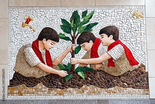 A mosaic showing pioneers (children's organization) with red scarves, planting trees and building a better future, symbolizing youth involvement in the Soviet cause photo