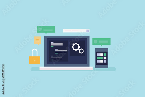 Mobile App Development, Application development, Testing mobile application, Custom app design and development. Vector illustration background.