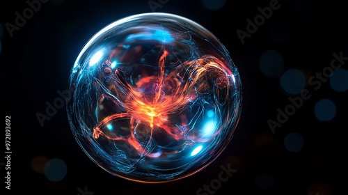 A glowing orb of red and blue energy against a dark background.