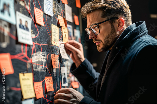 Detective examining evidence board, mystery, crime, copyspace photo