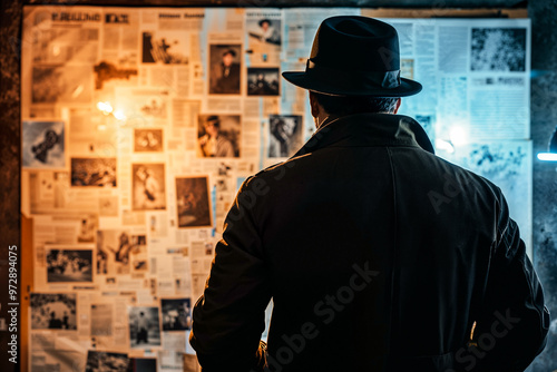 Detective looking at evidence board, back turned, mystery, crime