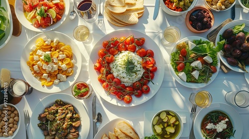 Hyperealistic photo of top view table with greek food. high-angle, optical, precise, photorealistic, 24 mm photography, --ar 16:9 --style raw --stylize 250 Job ID: 66617b06-4541-4c00-ab1a-d5a6394700c0