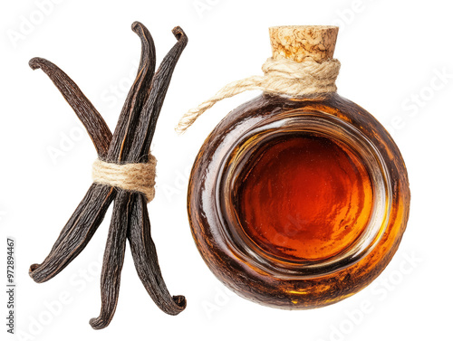 Top view of a glass bottle of vanilla extract and vanilla beans tied with twine on a white background, isolated. photo