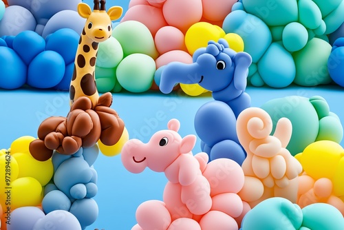 A pastel-colored balloon animal design, featuring elephants, dogs, and giraffes made of balloons in soft, playful colors photo