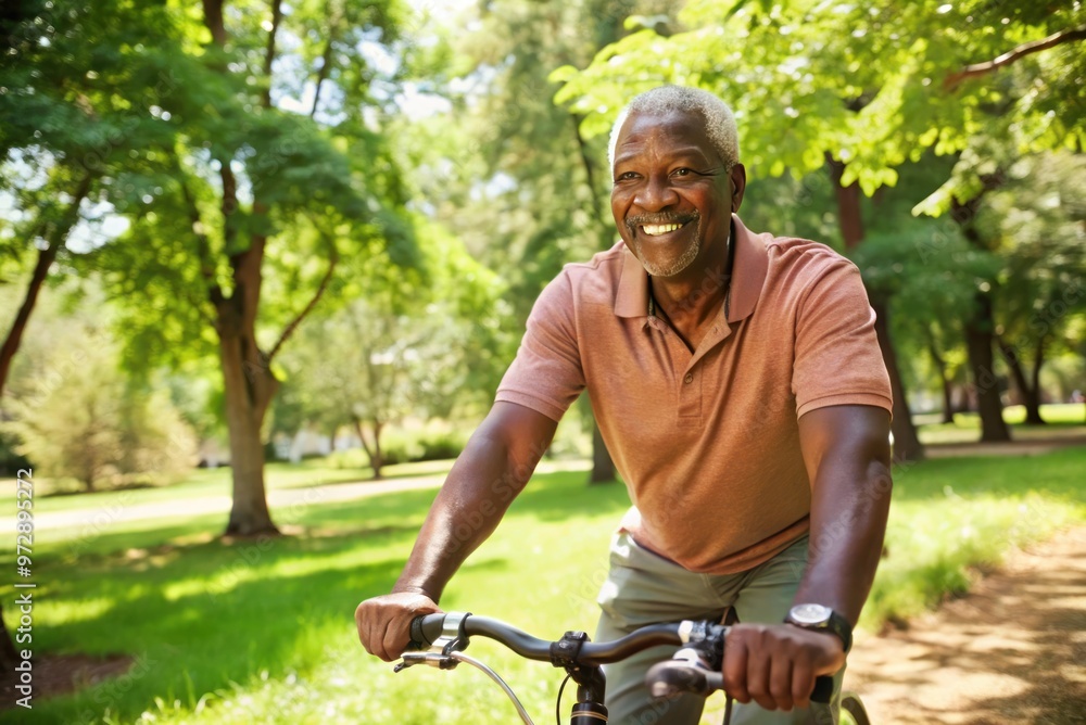 senior person riding a bicycle in the park at morning
