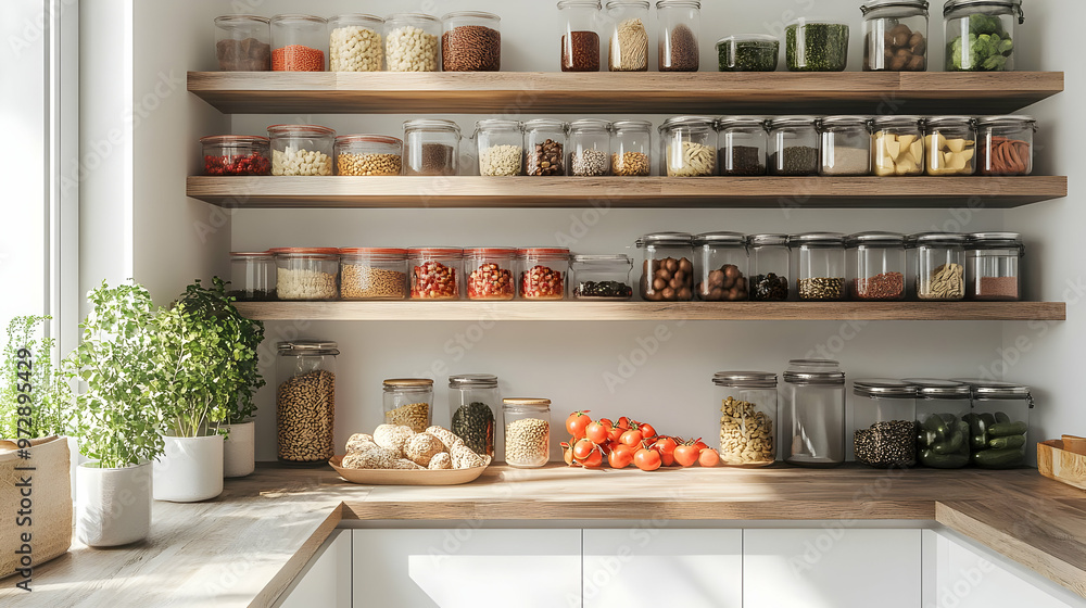 A well-organized kitchen shelf displaying jars of ingredients and fresh produce. A well-organized kitchen shelf displaying jars of ingredients and fresh produce.