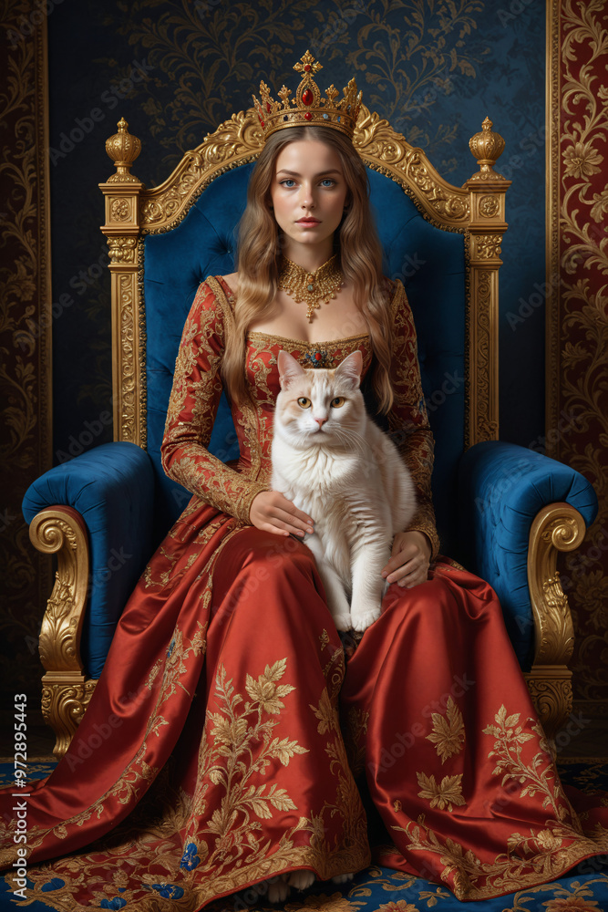 Obraz premium Renaissance-style painting portrait of a queen in royal attire sitting on the throne with a cat on her lap, Generative AI 