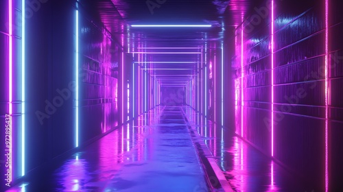 A long, empty corridor illuminated with vibrant pink and blue neon lights.