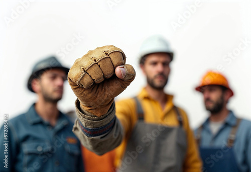 Raised fists of workers in industrial attire symbolize unity and Labor Day spirit. photo