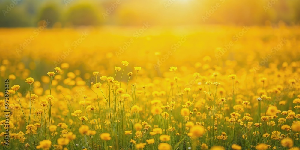 Obraz premium Yellow meadow flowers blooming in a vibrant field , spring, nature, blooming, wildflowers, yellow, meadow, petals, sunny, field