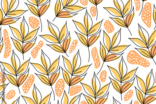 Seamless pattern with orange autumn leaves. Ash leaves on a white background. Autumn pattern. Pastel colors. Vector illustration.