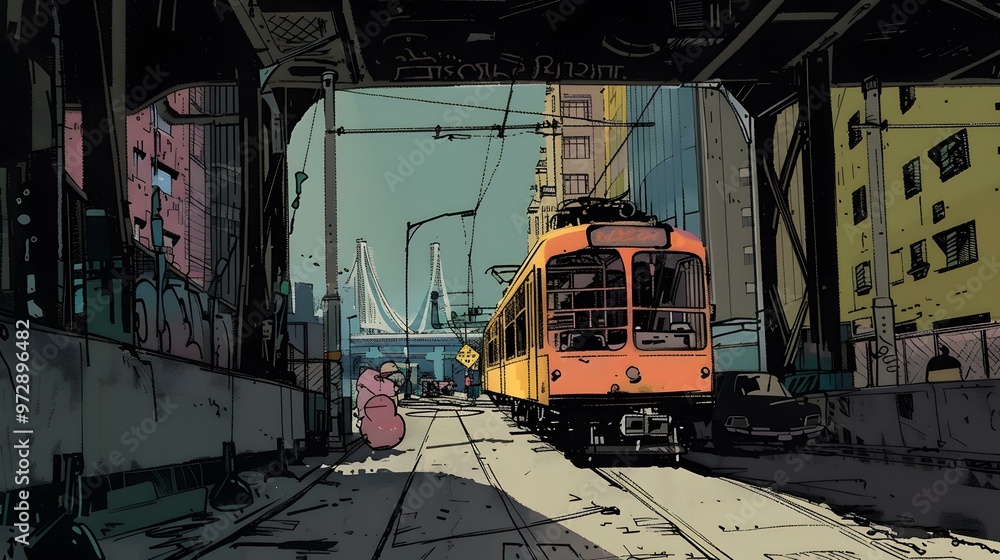 Cityscape Illustration of a Train Passing Through a Bridge in the City Cityscape Illustration of a Train Passing Through a Bridge in the City