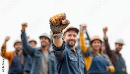 Raised fists of workers in industrial attire symbolize unity and Labor Day spirit. photo