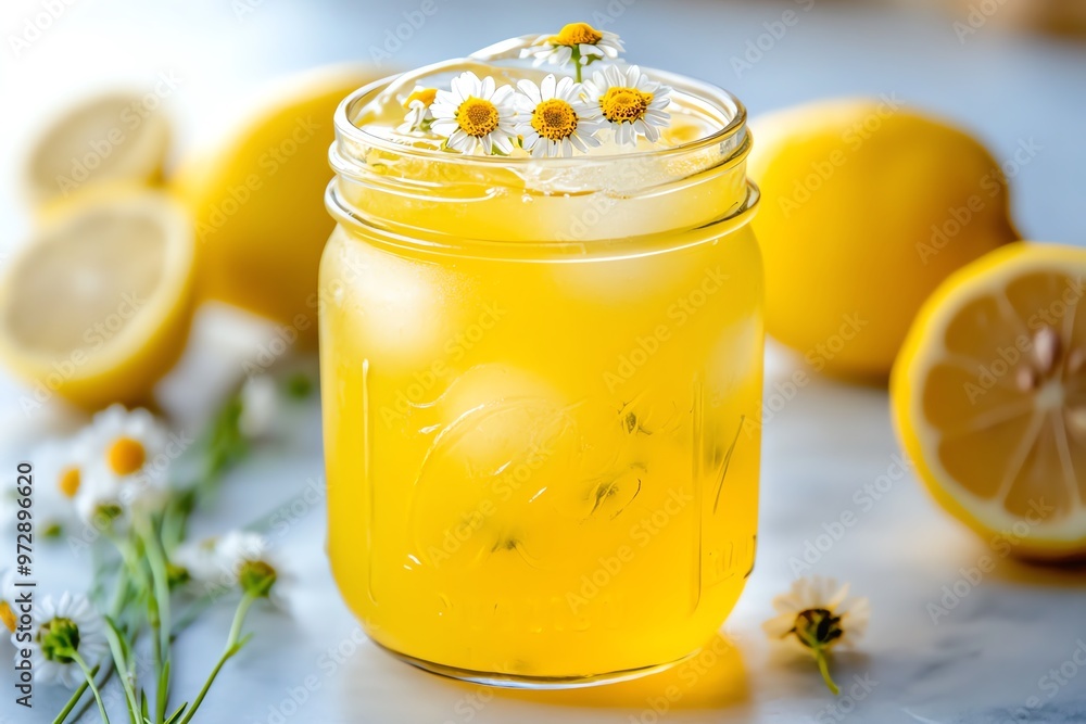 A refreshing chamomile lemonade, served in a mason jar with ice and fresh chamomile blossoms floating on top