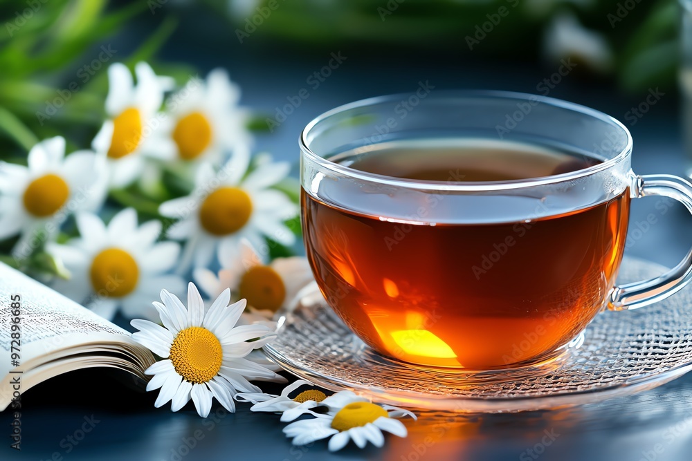 A relaxing scene with chamomile tea and an open book, the perfect setup for unwinding after a long day A relaxing scene with chamomile tea and an open book, the perfect setup for unwinding after a long day