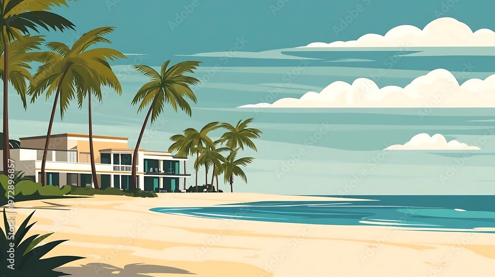 Tropical Beach House with Palm Trees and Blue Ocean Tropical Beach House with Palm Trees and Blue Ocean