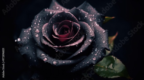 A Single Black Rose with Dew Drops