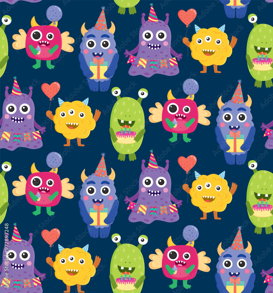Seamless pattern with cute birthday monsters. Backdrop with different party characters Seamless pattern with cute birthday monsters. Backdrop with different party characters