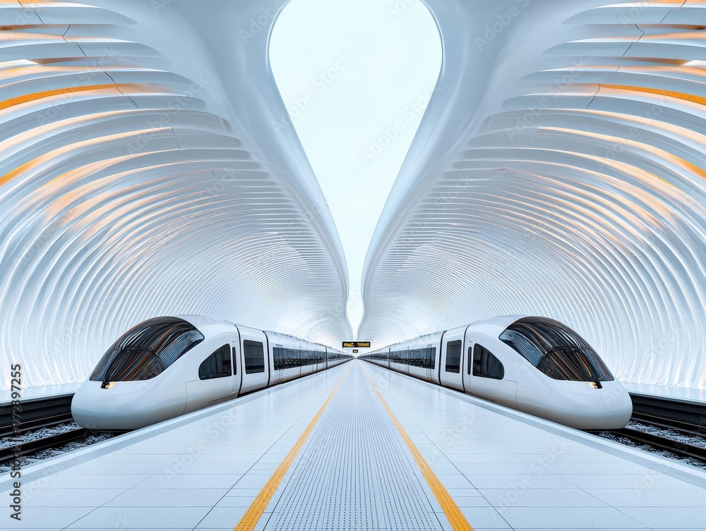 Futuristic train station with a vaulted roof, showcasing innovative structural supports, modern design, and advanced engineering Futuristic train station with a vaulted roof, showcasing innovative structural supports, modern design, and advanced engineering