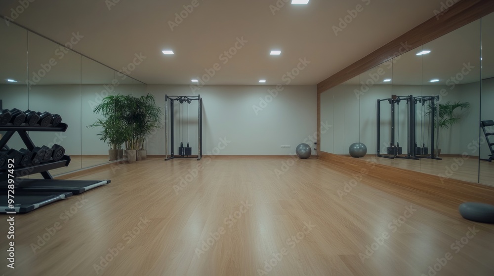 Modern gym interior with mirrored walls and wooden floor. Modern gym interior with mirrored walls and wooden floor.