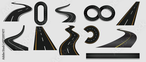 An illustration of 11 different roads could showcase a variety of textures, layouts, and perspective-ranging from winding mountain paths to sleek urban highways, each with unique lane patterns, roads.