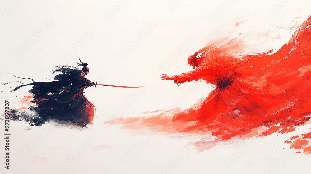 Confrontation with the Lord of the Underworld, a lone figure defiantly challenging death, rich symbolism in a heroic scene, flowing brush strokes, serene yet powerful atmosphere Confrontation with the Lord of the Underworld, a lone figure defiantly challenging death, rich symbolism in a heroic scene, flowing brush strokes, serene yet powerful atmosphere