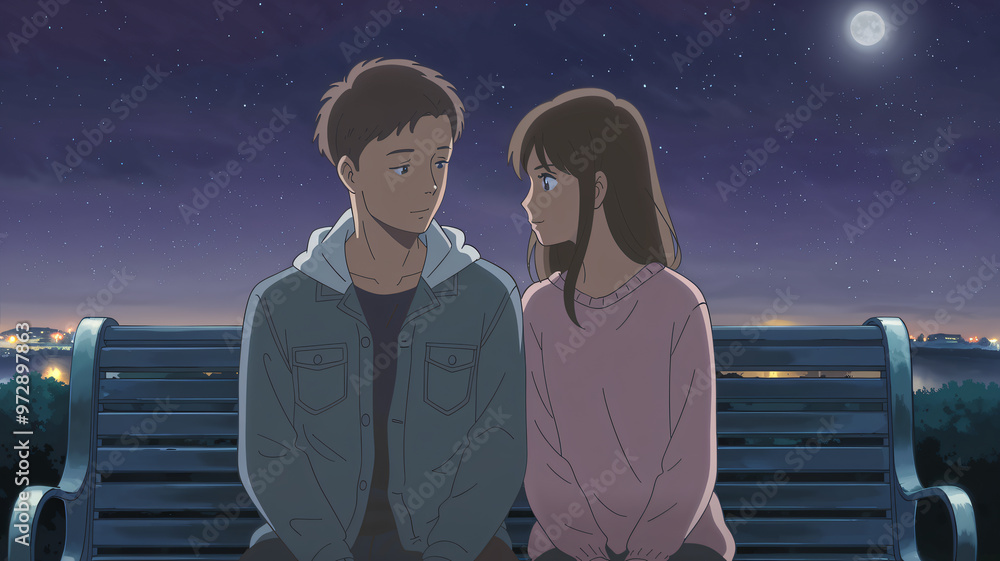 Young anime couple sitting together while looking at the sky Young anime couple sitting together while looking at the sky