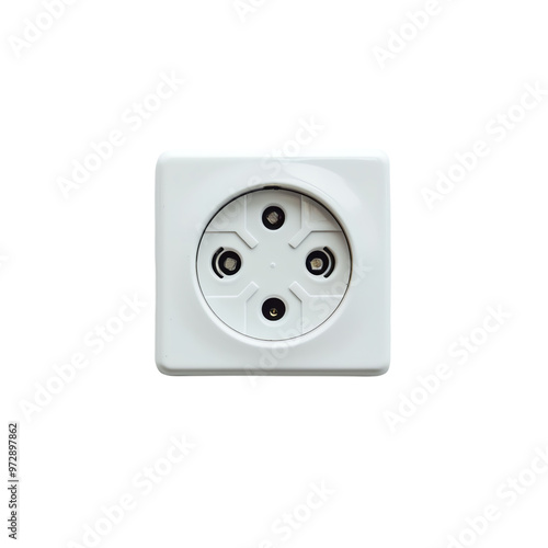 Close-up image of a white electrical wall socket, isolated on a white background, suitable for electrical or home improvement purposes. photo