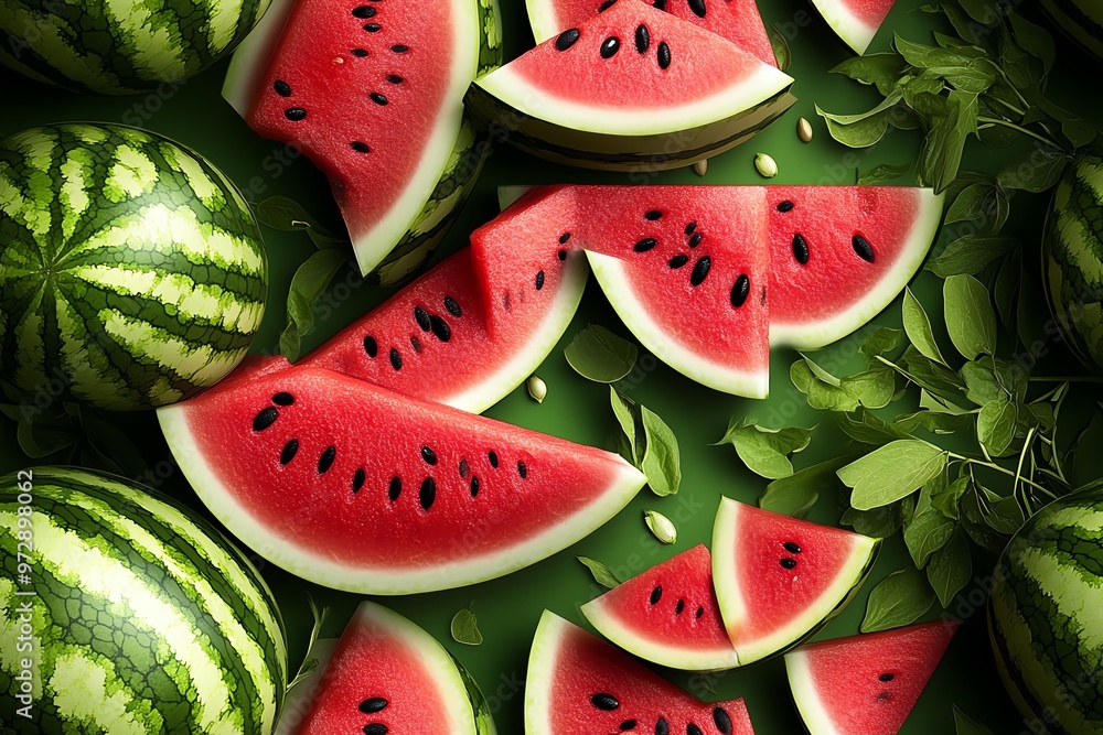 A seamless watermelon pattern, with slices, seeds, and full watermelons in bright pink and green, giving off fresh, summer vibes A seamless watermelon pattern, with slices, seeds, and full watermelons in bright pink and green, giving off fresh, summer vibes