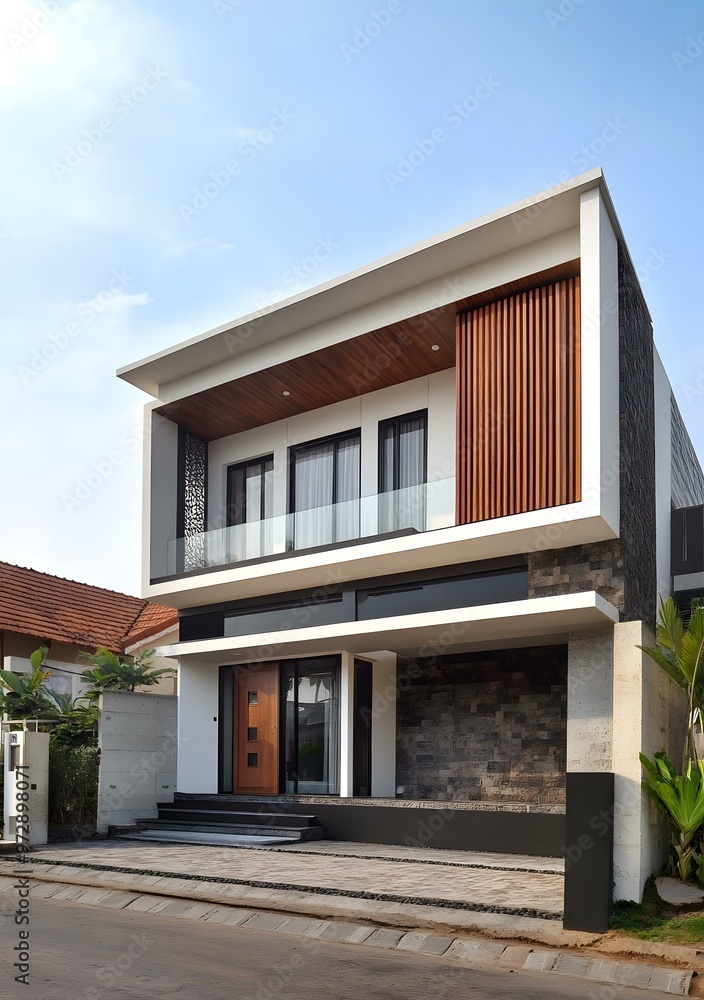 Modern Two Storey House With Wooden Panel And Stone Wall Exterior Modern Two Storey House With Wooden Panel And Stone Wall Exterior