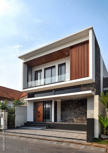 Modern Two Storey House With Wooden Panel And Stone Wall Exterior