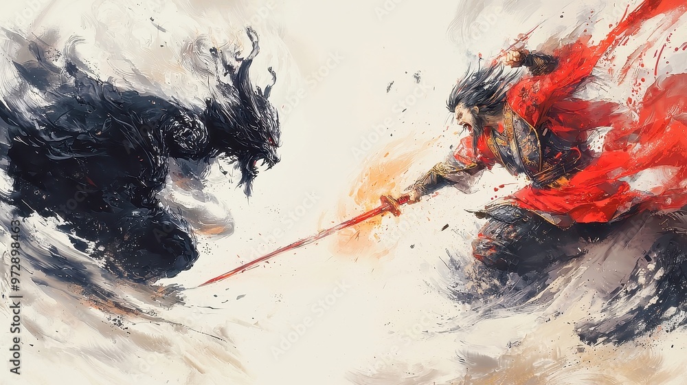 Heroic Duel, A fierce clash unfolds as a valiant hero confronts the formidable Lord of the Dead, showcasing the essence of bravery and despair in a dramatic showdown. Heroic Duel, A fierce clash unfolds as a valiant hero confronts the formidable Lord of the Dead, showcasing the essence of bravery and despair in a dramatic showdown.
