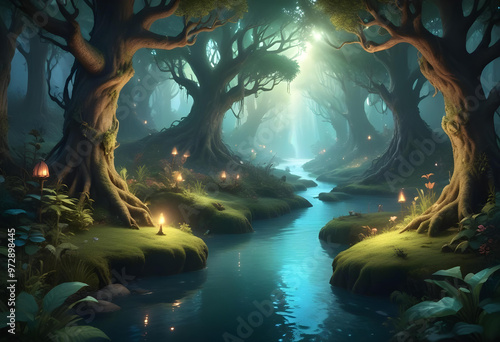 Fototapeta Naklejka Na Ścianę i Meble -  Night jungle and the river