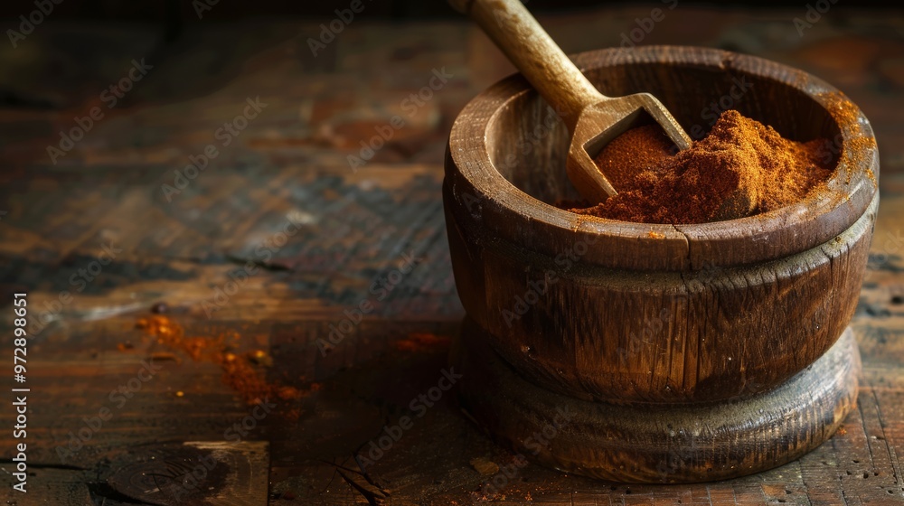 Ground spices in a rustic wooden bowl with a scoop Ground spices in a rustic wooden bowl with a scoop