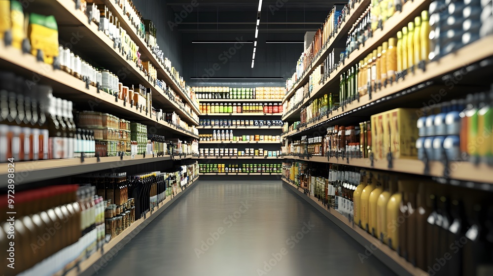 Aisle view of a well-stocked grocery store showcasing various bottles and canned goods on shelves. Aisle view of a well-stocked grocery store showcasing various bottles and canned goods on shelves.