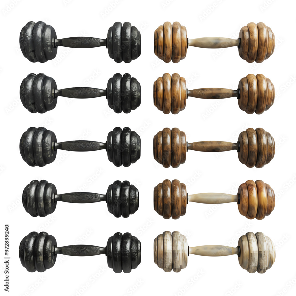 Set of various metal dumbbells in black, bronze, and silver aligned in three rows, isolated on a white background. Set of various metal dumbbells in black, bronze, and silver aligned in three rows, isolated on a white background.