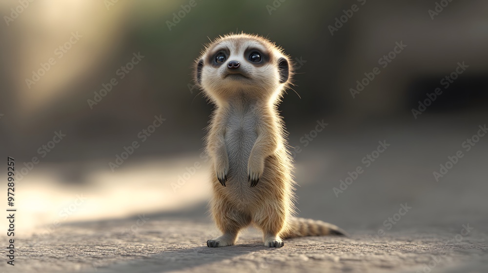 Fototapeta premium 42. **3D render of a tiny baby meerkat standing upright with a curious gaze