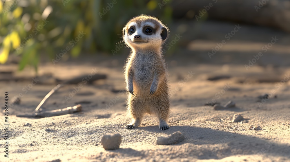 Fototapeta premium 42. **3D render of a tiny baby meerkat standing upright with a curious gaze