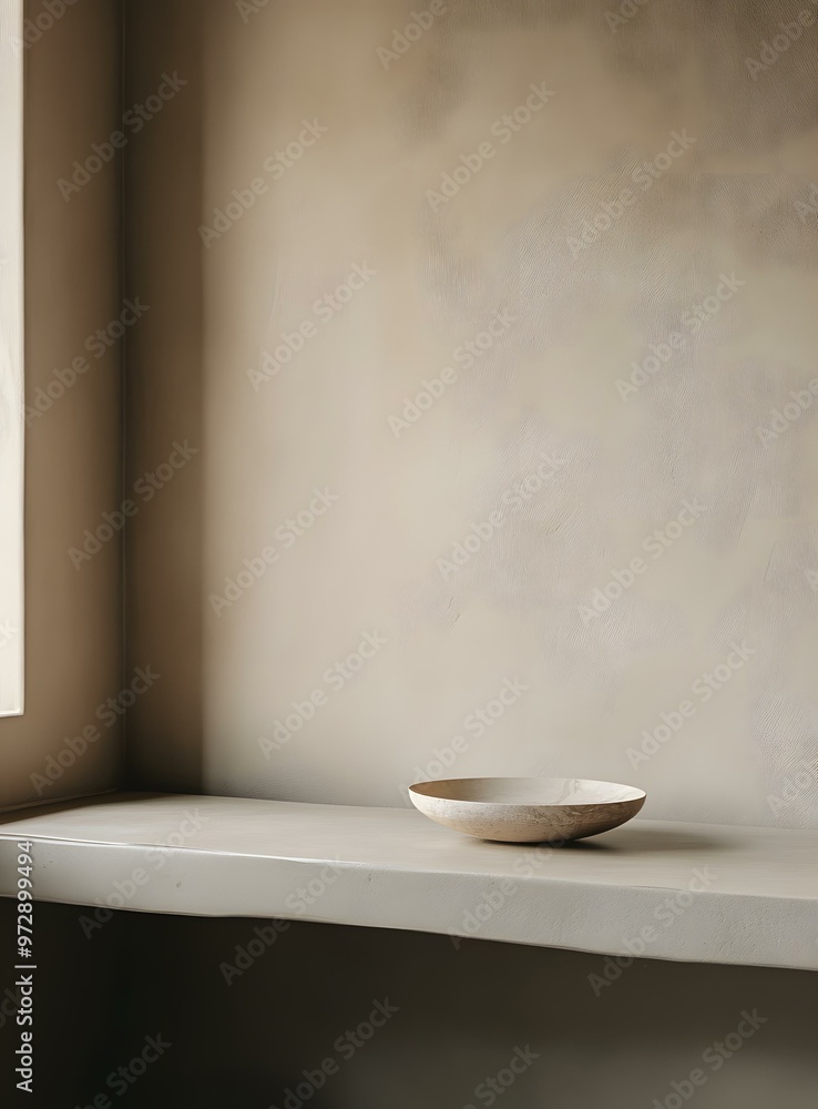 Minimalist Wooden Bowl on a Shelf in a Modern Interior Minimalist Wooden Bowl on a Shelf in a Modern Interior
