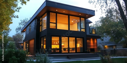 Modern Black House With Large Windows and Wooden Accents