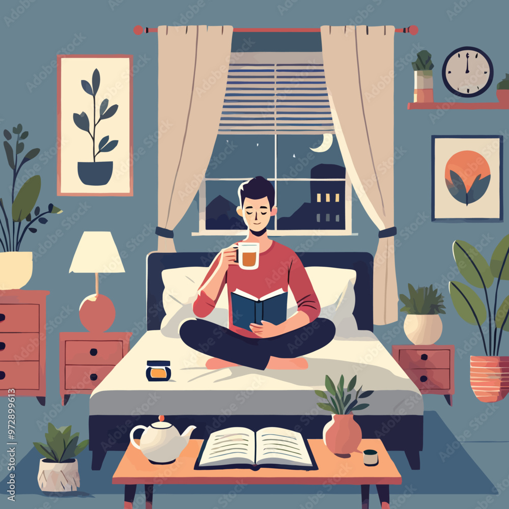 illustration of a person practicing a bedtime routine to promote good sleep illustration of a person practicing a bedtime routine to promote good sleep